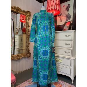 vintage 1960s silk shantung maxi dress mod green floral high neck ethnic med  28